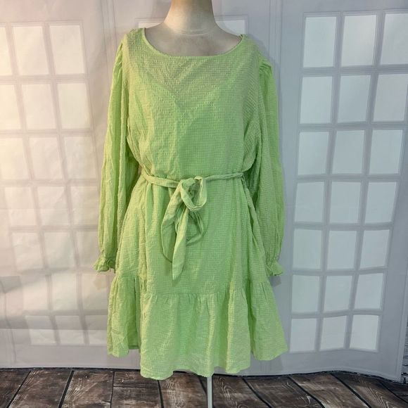 Eloquii NWT lime green long sleeve tie waist mini ruffle hem dress size 26 - Picture 2 of 12